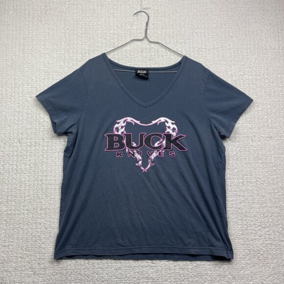 Y2K VTG Buck Knives Gray V Neck T Shirt Women's XXL Goth Holographic Heart Cyber - Picture 1 of 16
